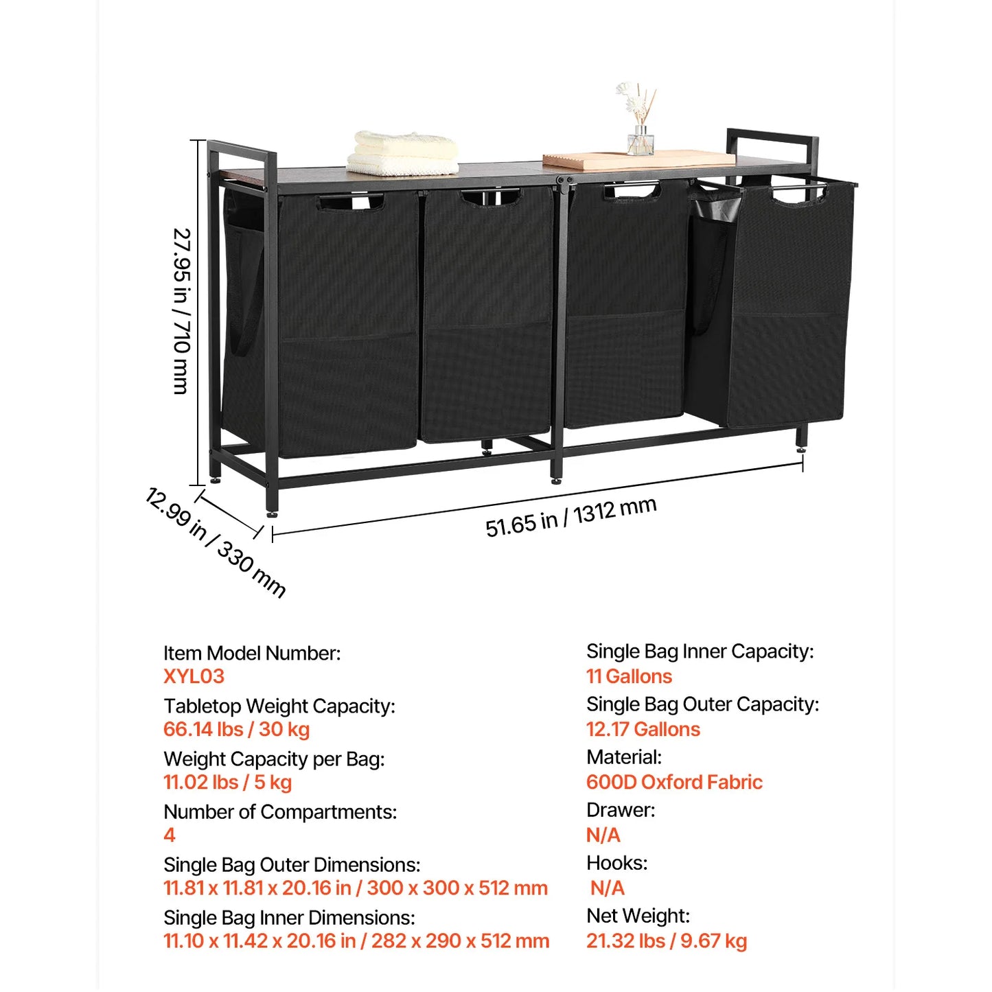 3-Section Laundry Sorter with Storage Shelf. Rolling Laundry Organizer
