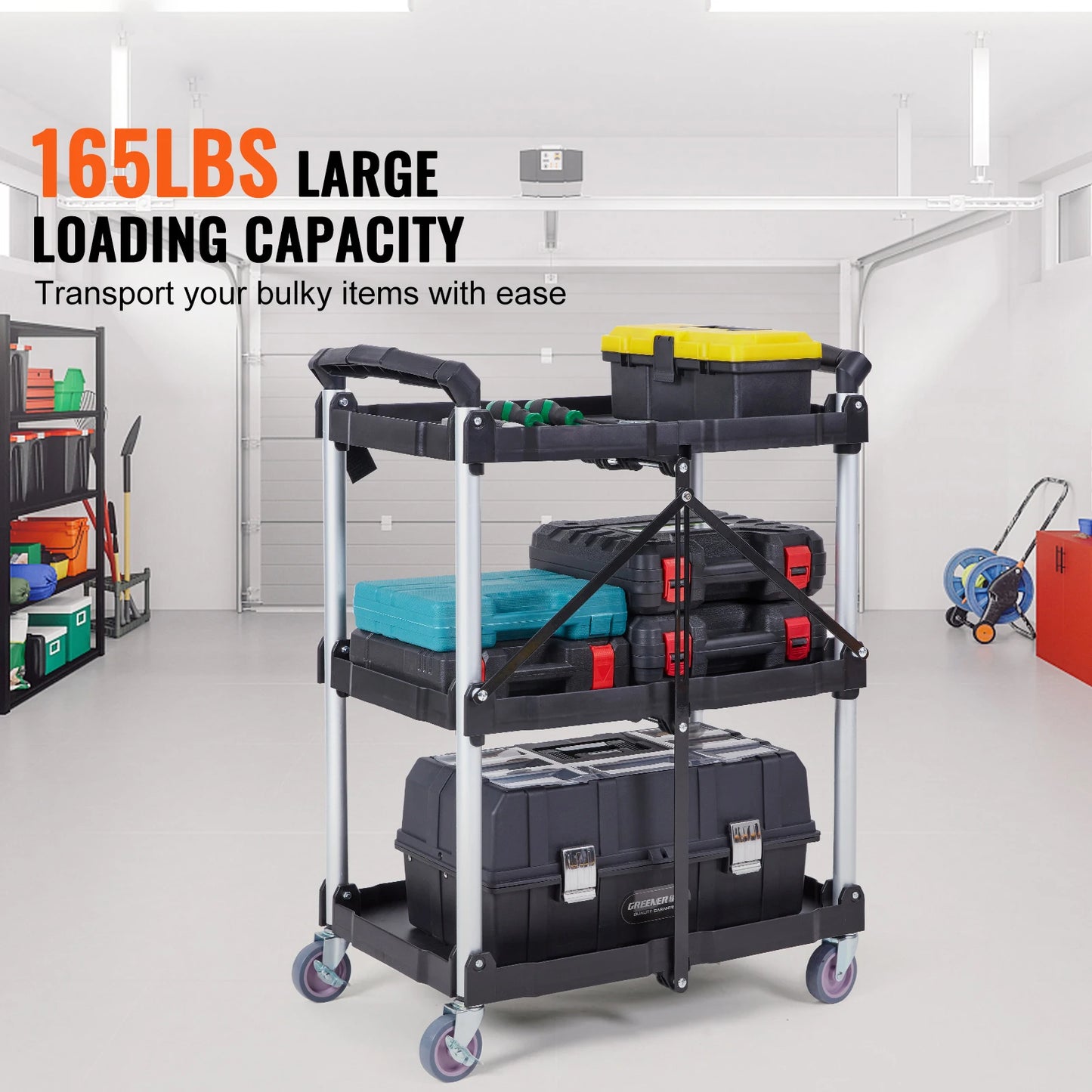 SucceBuy 3-Tier Folding Rolling Utility Cart . Heavy-Duty Mobile Storage Shelf with Wheels for Laundry, Kitchen, Office & Home Organization