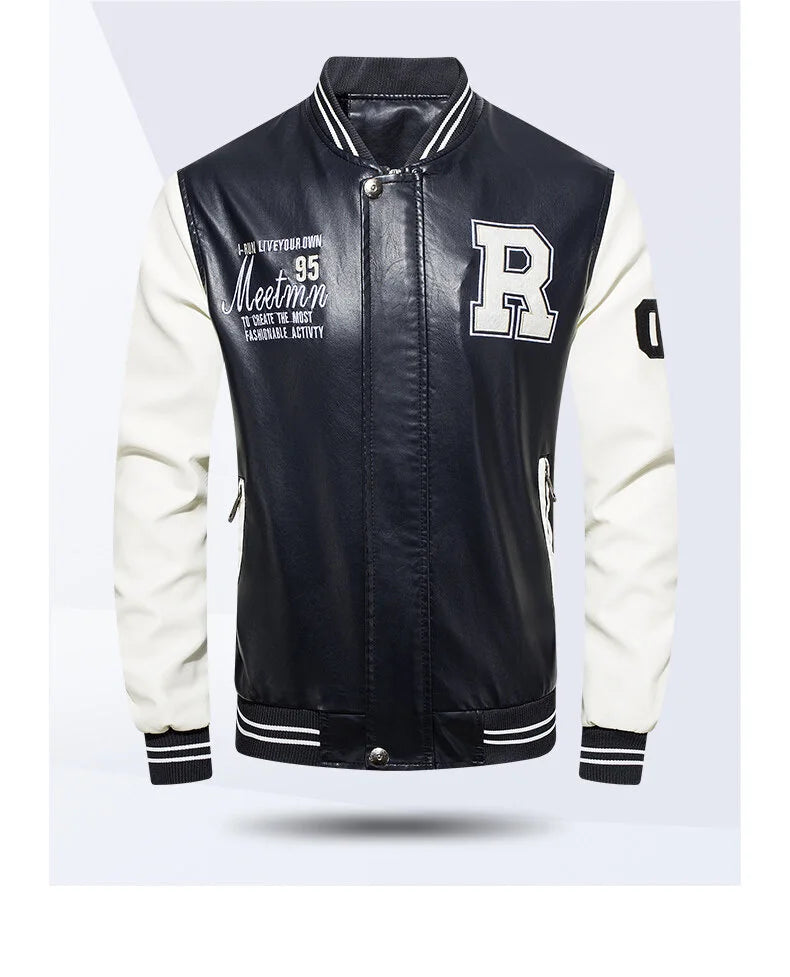 Spring and Autumn Men's Motorcycle Suit Leather jacket Color blocking American baseball collar pilot casual PU leather jacket