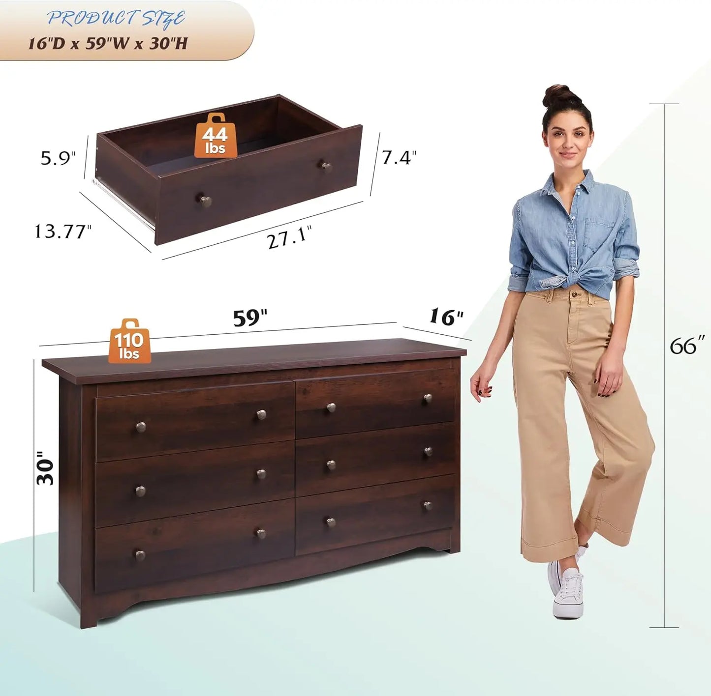 Wood Dresser with 6 Drawer Wide Chest of Drawers for Bedroom Long Nightstand with Drawers Modern Large Storage Tower Unit Closet
