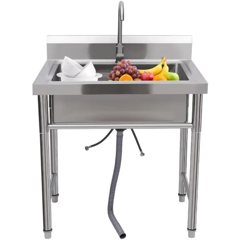 Commercial Kitchen Sink, Single Bowl Stainless Steel Kitchen Catering Sink with Faucet & Drainboard for Restaurant, Kitchen, Gar