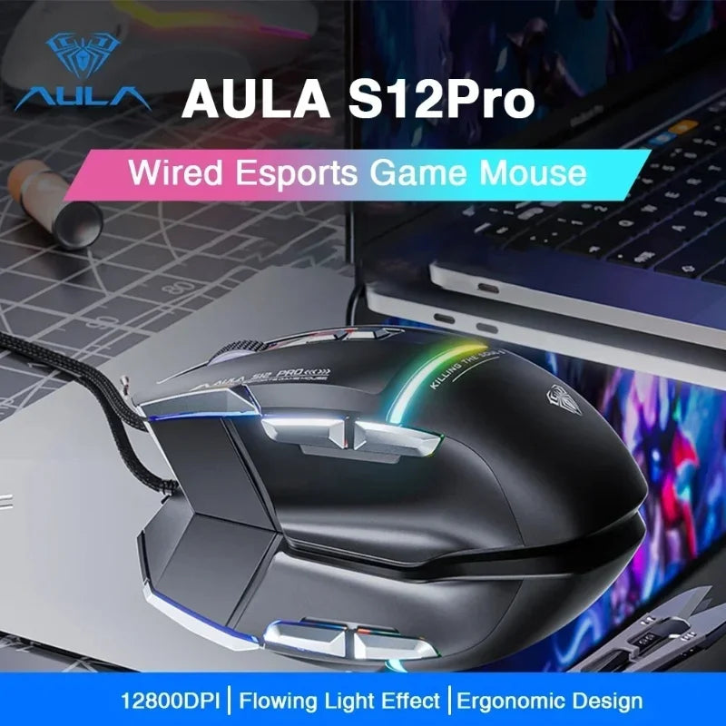 AULA S12Pro RGB Gaming Mouse .12800 DPI High-Speed Wired Mouse with Low Latency Performance