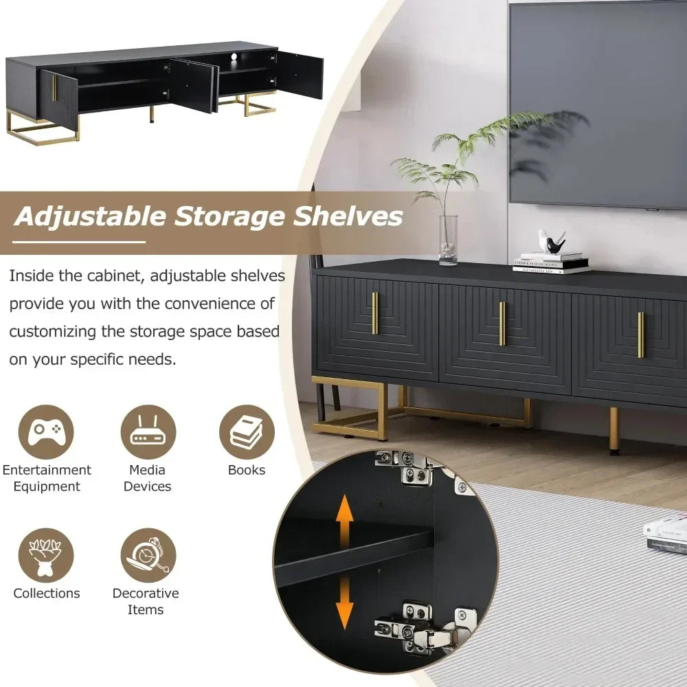TV Stand for 80 inch TV with Golden Legs and Handles, with Cabinets and Adjustable Shelves,Modern Wood TV Cabinet