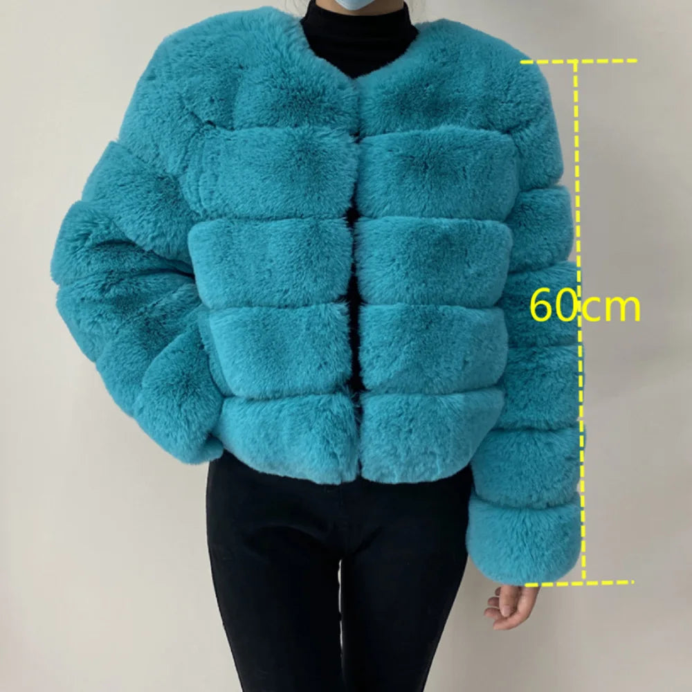 Women's Faux Fur Jacket . Plush Cropped Winter Coat with High Collar