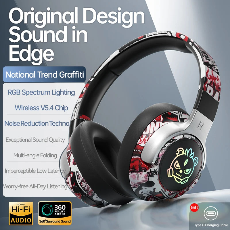 Wireless LED Light-Up Graffiti Style Bluetooth Over-Ear Headphones