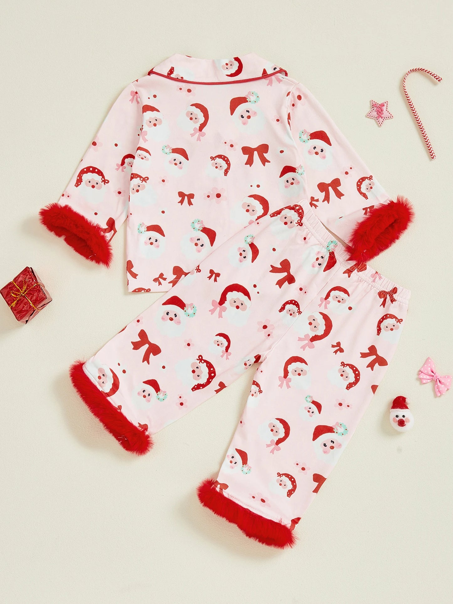 Cute Toddler Reindeer Pajama Set with Matching Hat and Fuzzy Trim - Long Sleeve Tops and Elastic Waist Pants for Girls
