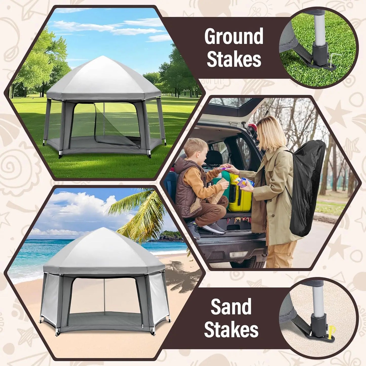 Baby Playpen with Self-Inflating Play Mat & Travel Bag, Portable Outdoor Playpen for Babies and Toddlers,Pop Up Play Tent (Grey)