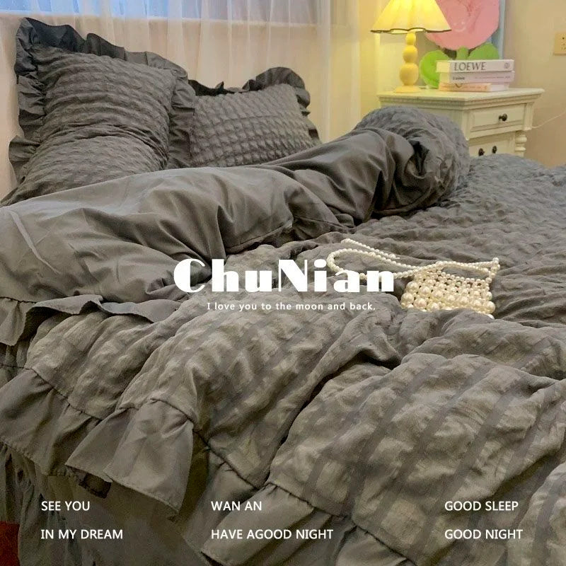 Romantic Ruffled Solid Color Bedding Set