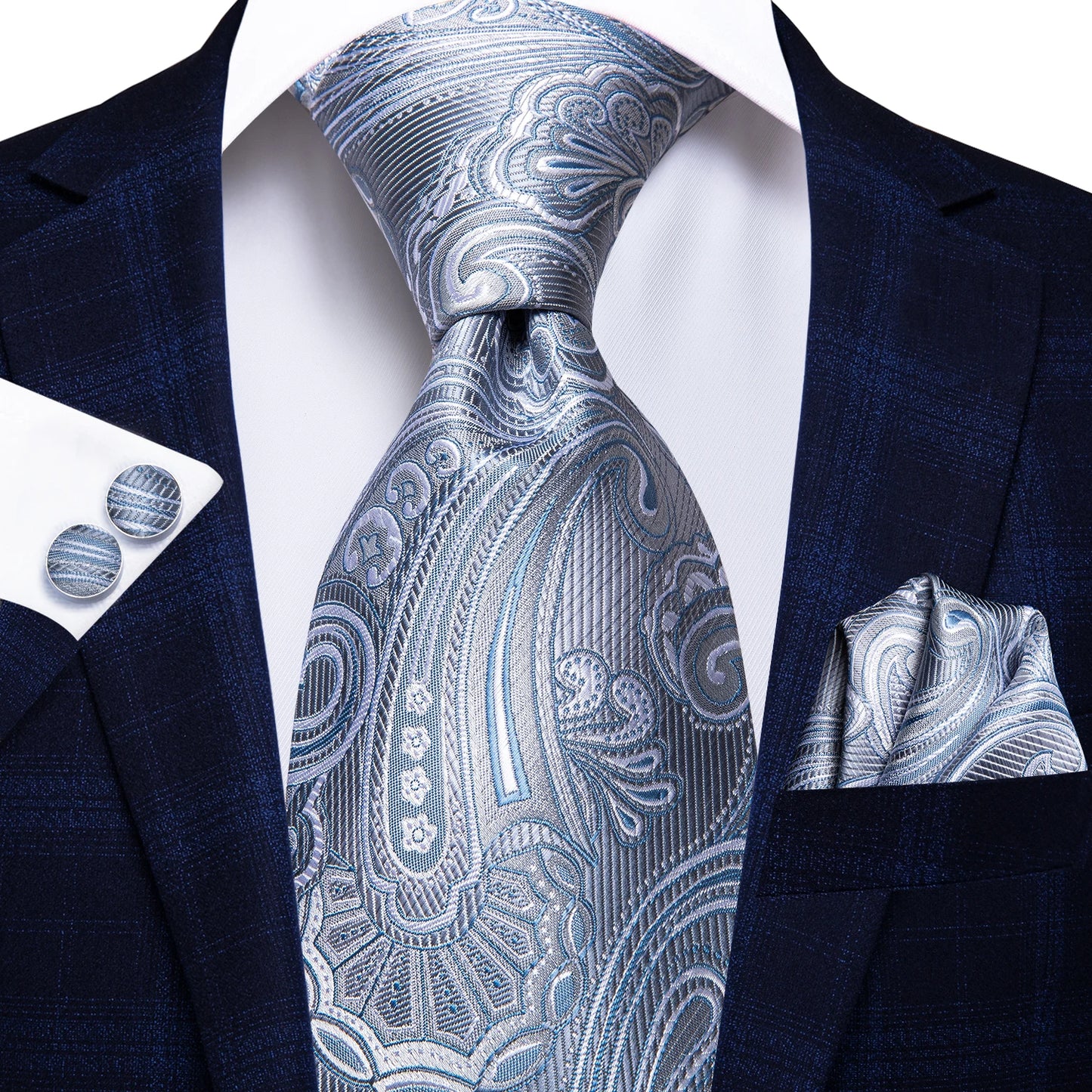 Hi-Tie Luxury Silver Men’s Necktie Set with Pocket Square & Cufflinks | Wedding, Business & Formal Events
