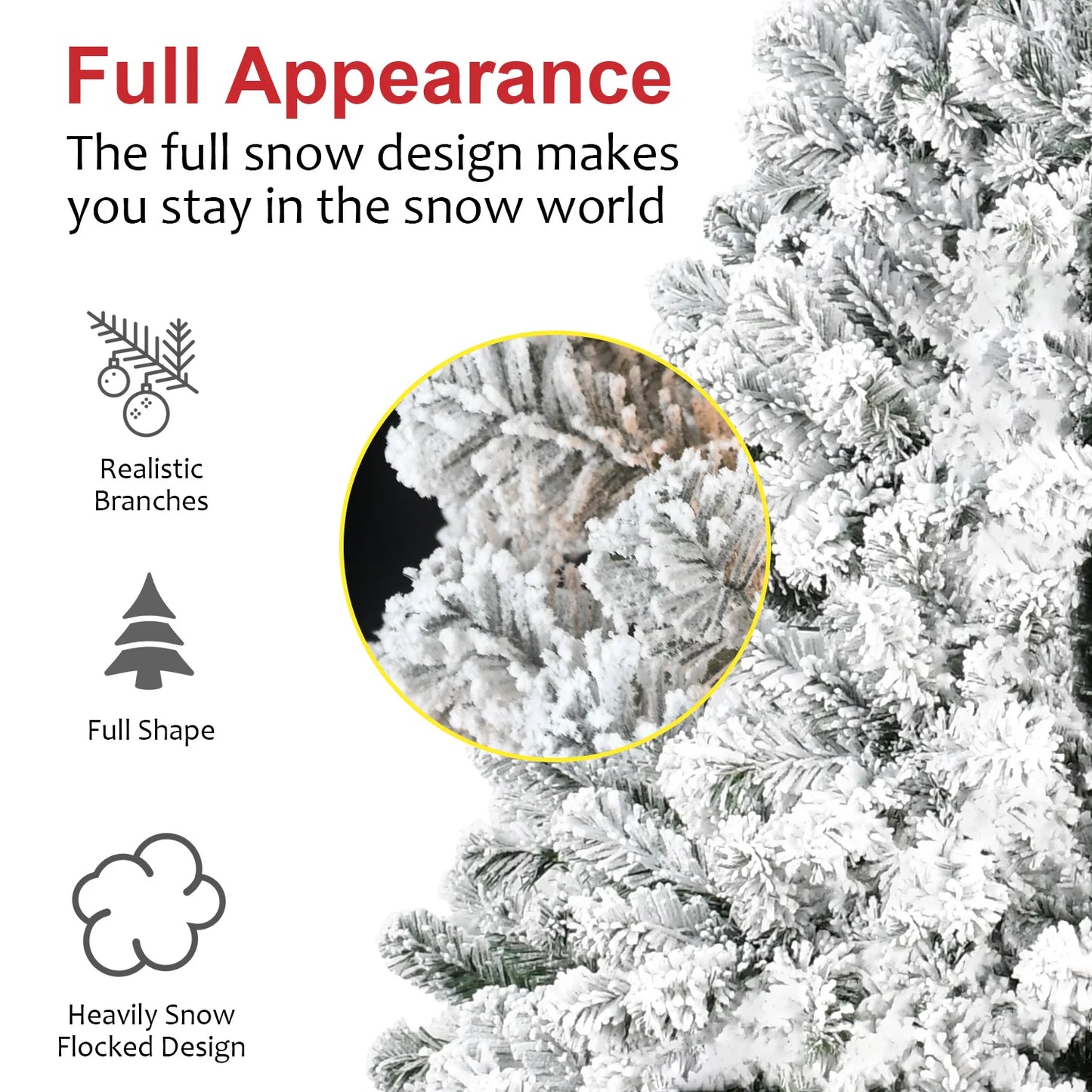 7FT Snow Flocked Artificial Christmas Tree . Full Holiday Tree with Realistic Branches & Sturdy Metal Stand