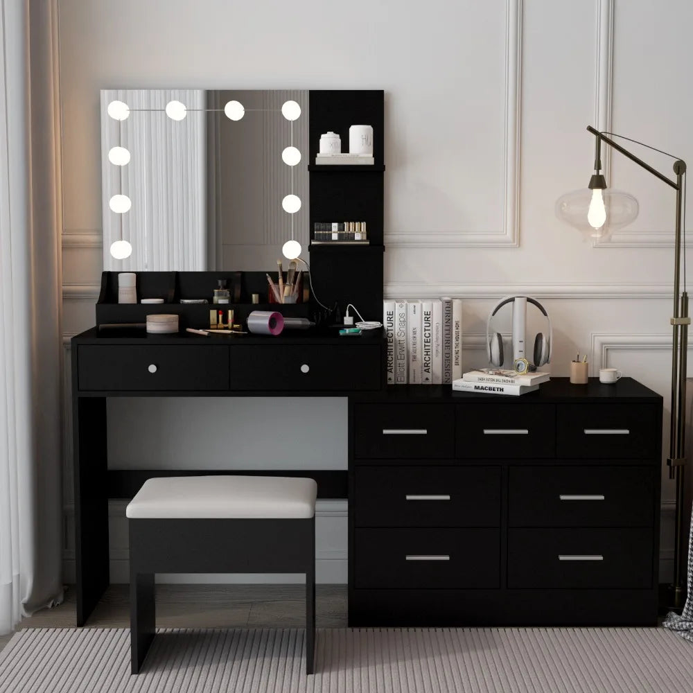 Vanity Table Set Mirror 9 Drawers Dresser Desk w/