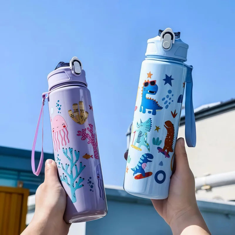 750ml Dinosaur Kids Water Bottle with Straw. Leakproof Sports & School Drinking Cup