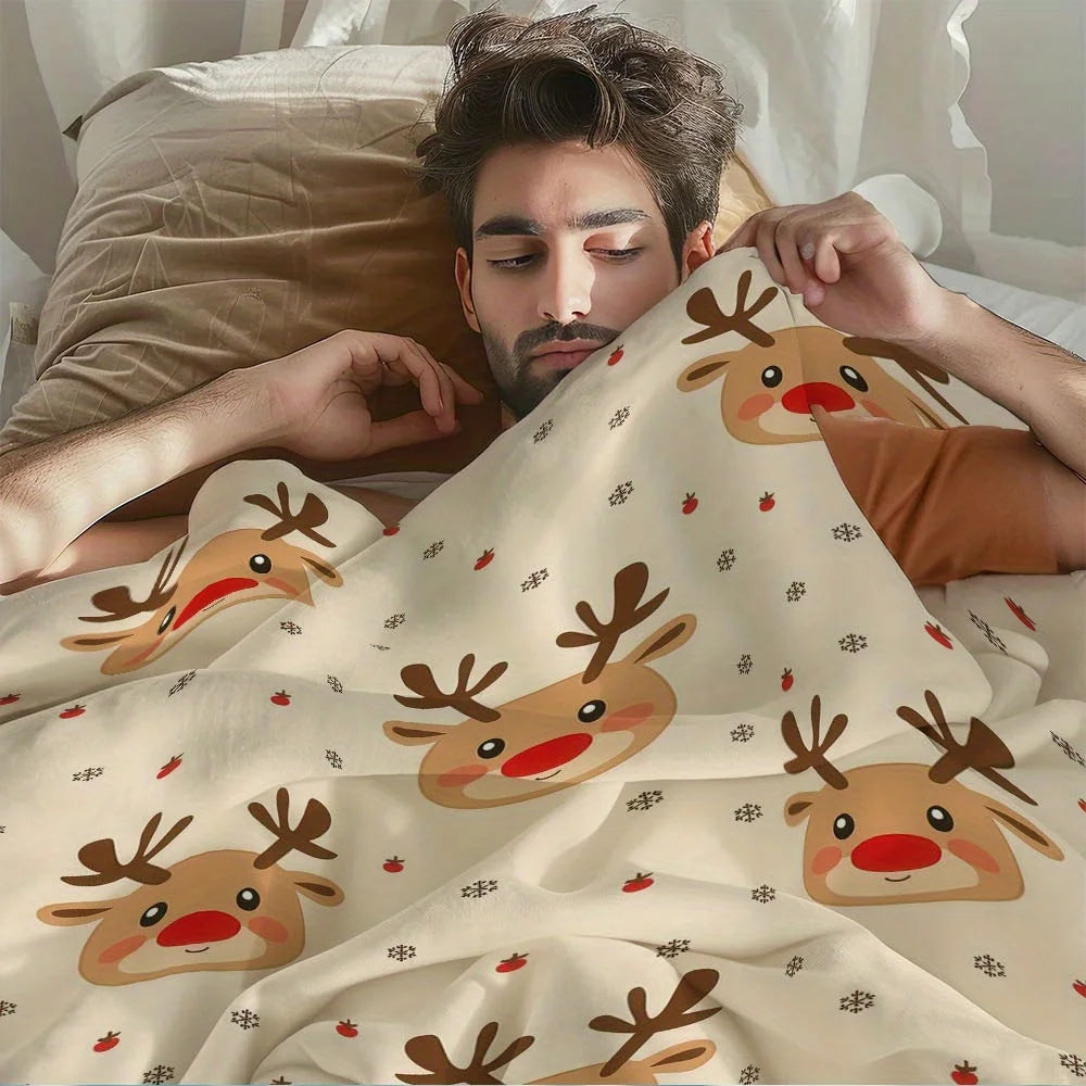 Christmas Reindeer Flannel Throw Blanket .Soft Cozy Holiday Blanket for Bed, Sofa & Winter Décor