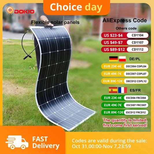 DOKIO 18V 100W/200W/400W Flexible Solar Panels Waterproof Monocrystalline Solar Panel Camping RV Home Charge 12V