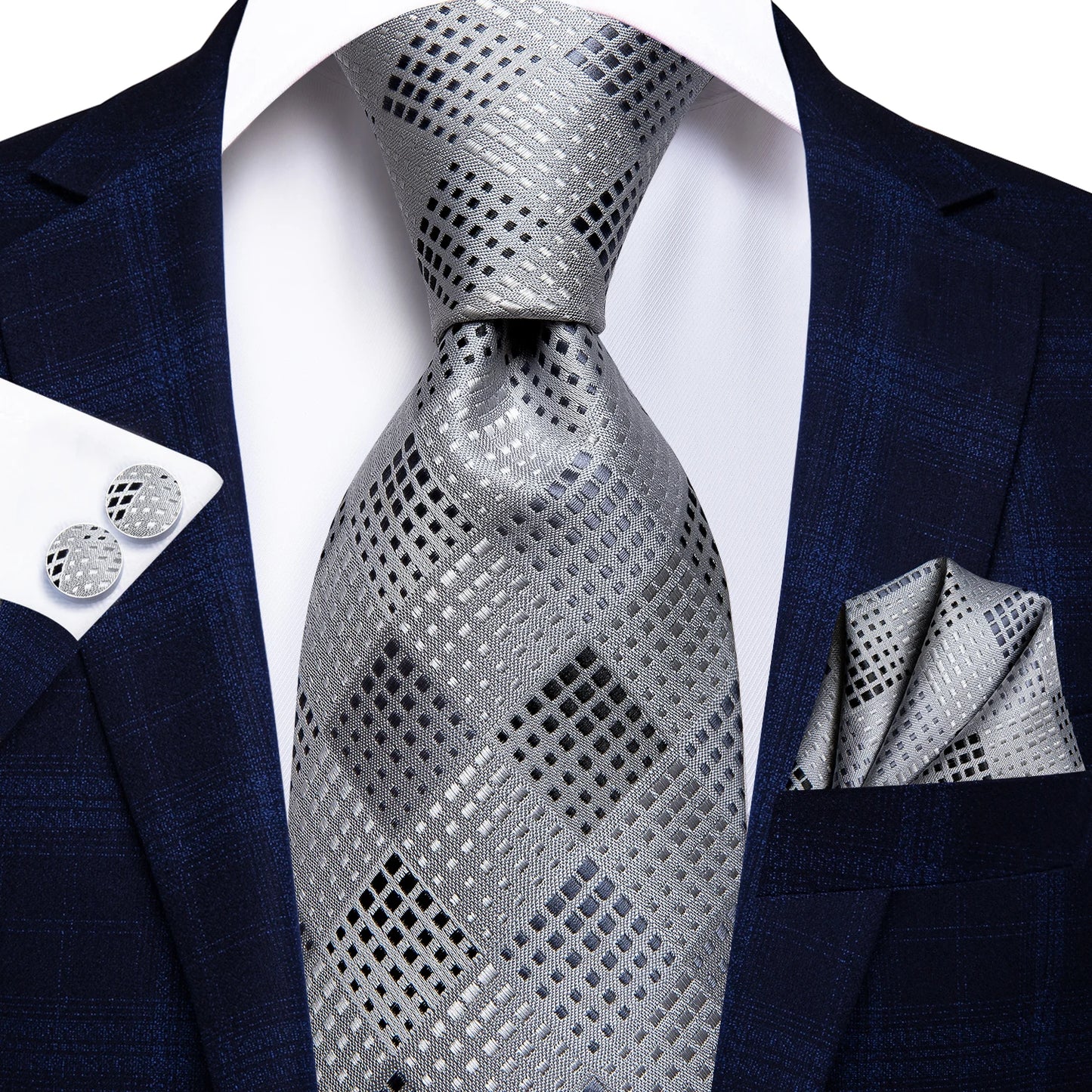 Hi-Tie Luxury Silver Men’s Necktie Set with Pocket Square & Cufflinks | Wedding, Business & Formal Events