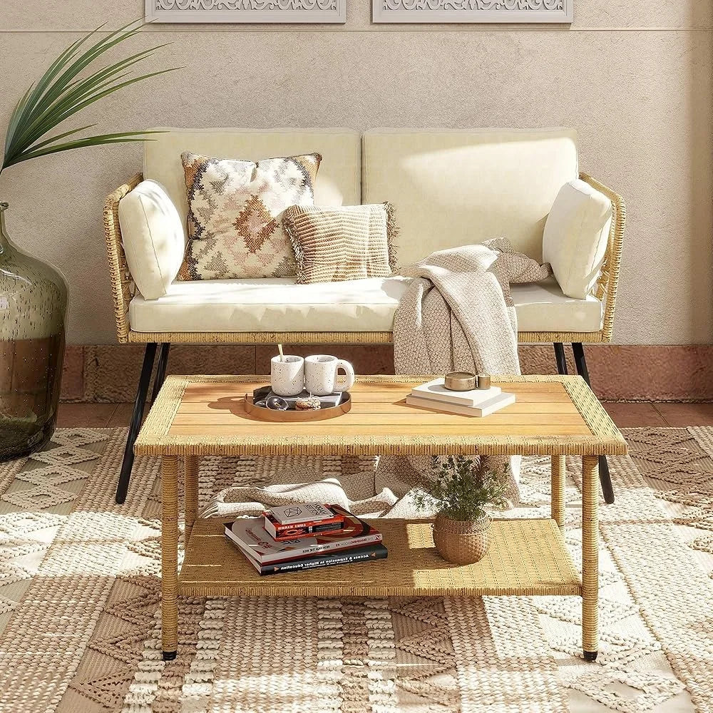 Patio Wicker Rattan Loveseat Set With Cushions Side Table