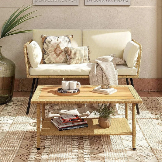 Patio Wicker Rattan Loveseat Set With Cushions Side Table