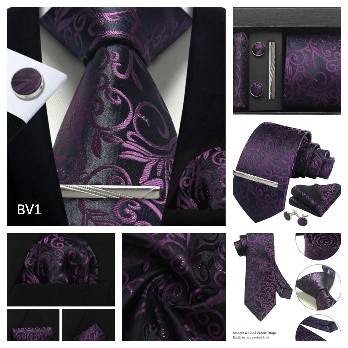Luxury 100% Silk Paisley Floral Men’s Necktie Set | Business Tie with Matching Pocket Square & Formal Accessories