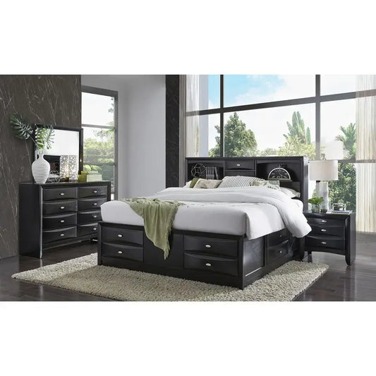 5PC King Bedrm Set with Lucille Black Finish, Includes Bed, Dresser, Nightstands, and Mirror