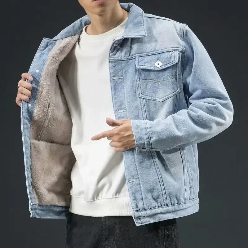 Thickened Fleece-Lined Denim Jacket Men's Loose Fit Warm Work Clothes Trendy Korean Style Versatile Plus Size Casual Wear