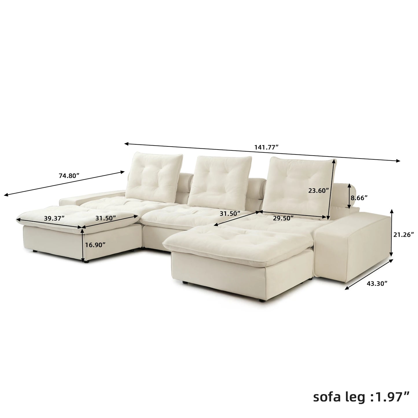 Modular Cloud Sectional Couch Oversized Down Filled Sofa Couches with Chaise Ottoman Adjustable Backrest Couch For Living Room