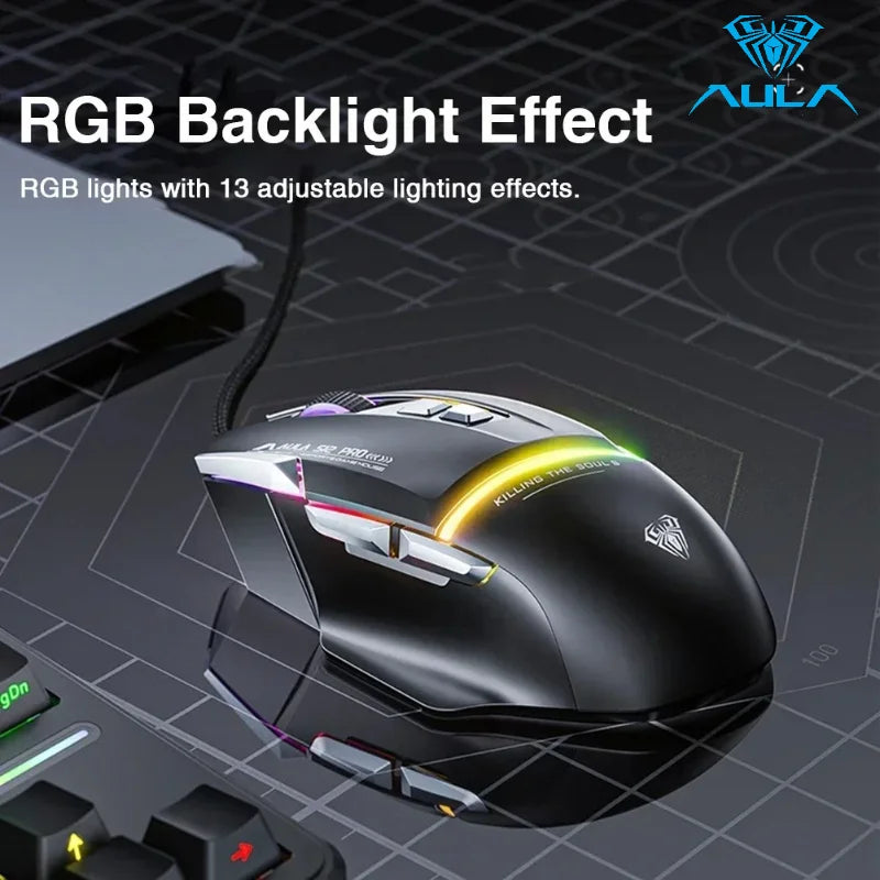 AULA S12Pro RGB Gaming Mouse .12800 DPI High-Speed Wired Mouse with Low Latency Performance