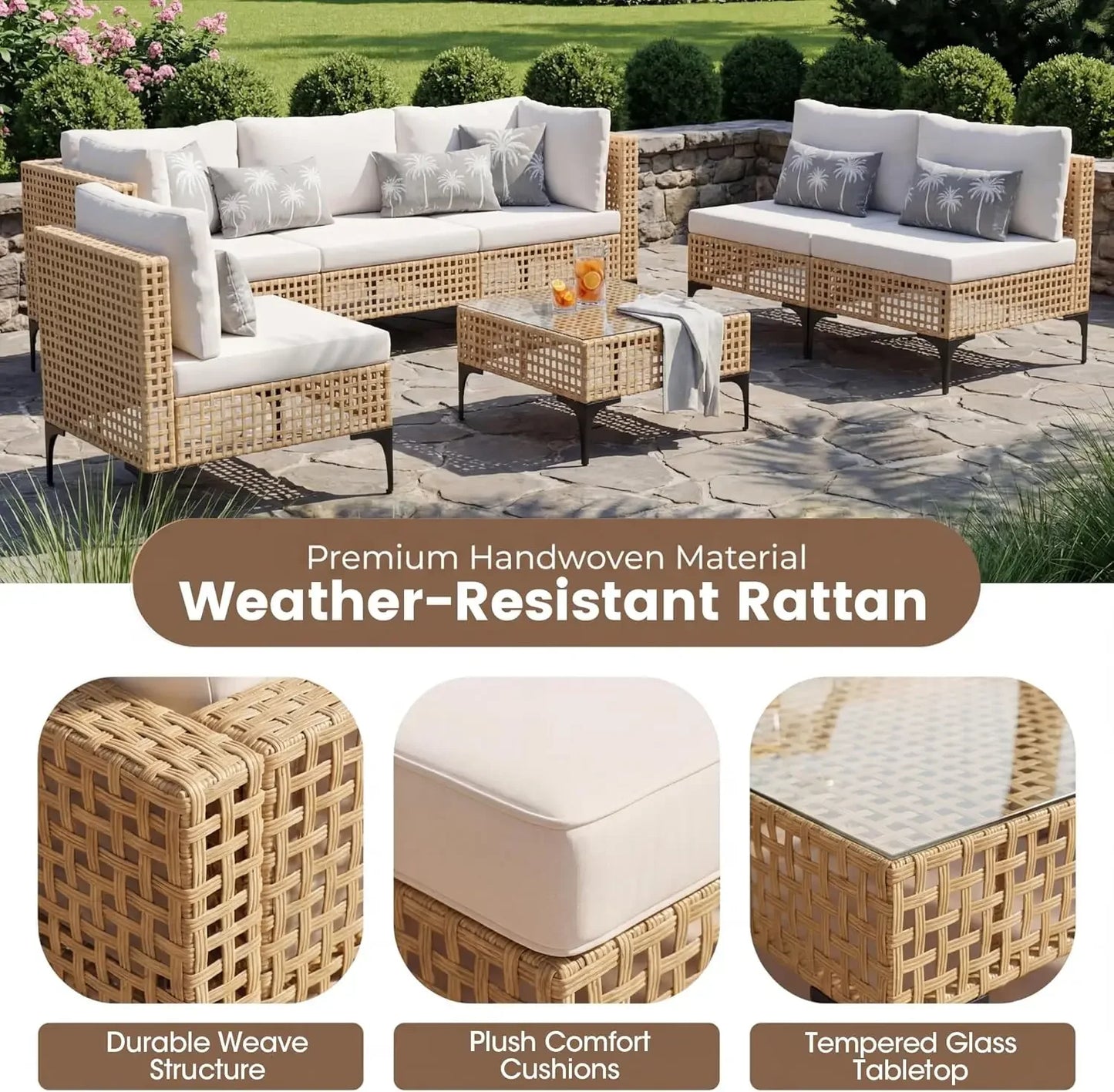 Devoko 7 Piece Outdoor Wicker Sectional Patio Furniture Set with Cushioned Seating