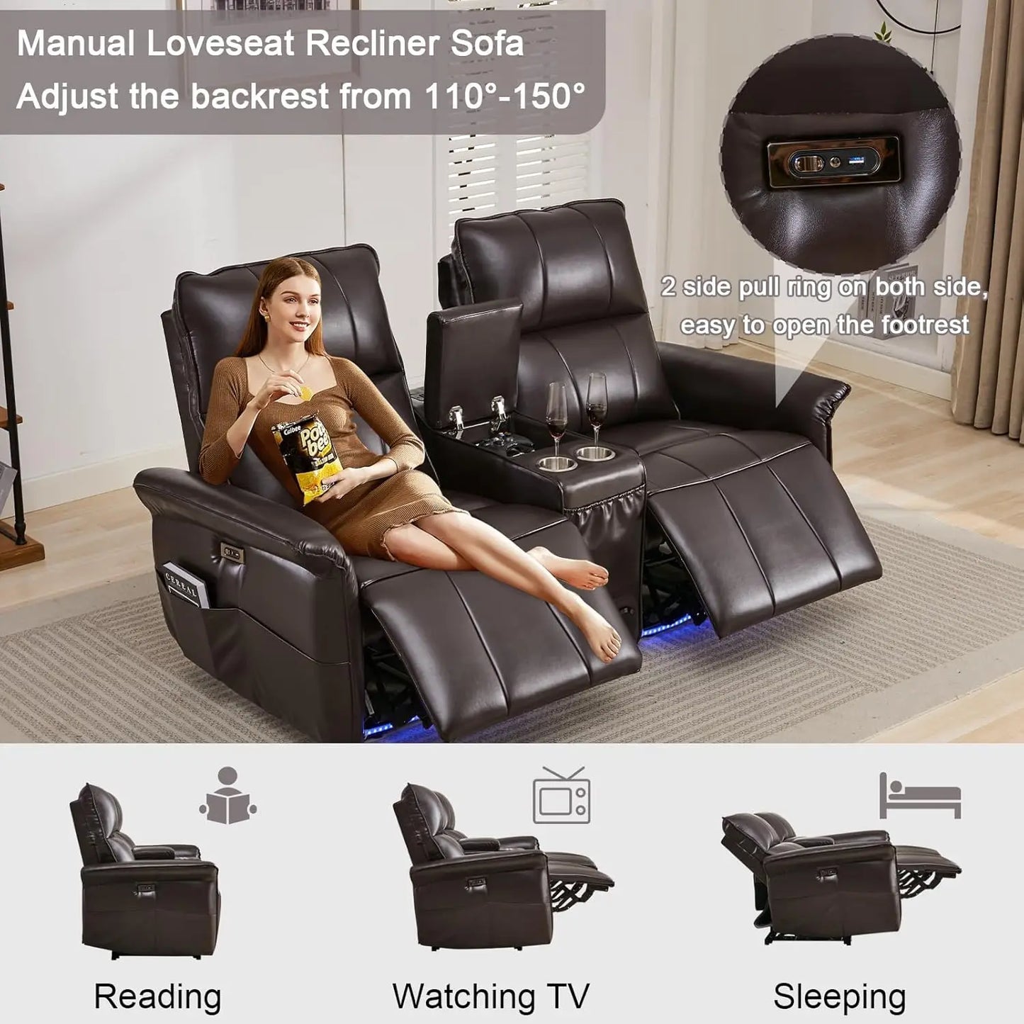 Power Reclining Loveseat Sofa Wall Hugger Recliners RV Sofa Theater Seating Electric Double Recliner with Cup Holders, 72