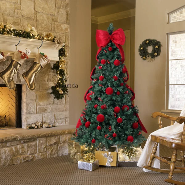 7.5 FT Pre-Lit Artificial Christmas Tree – 300 Warm White LED Lights with Red Ribbon, Holiday Home Décor & Metal Stand