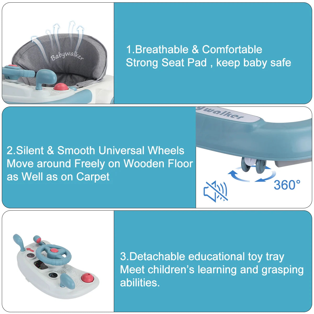 UBRAVOO Push Walker with Detachable Feeding and Music Trays, Foldable Learning Toy for Infants and Toddlers, 2 In 1 Walker