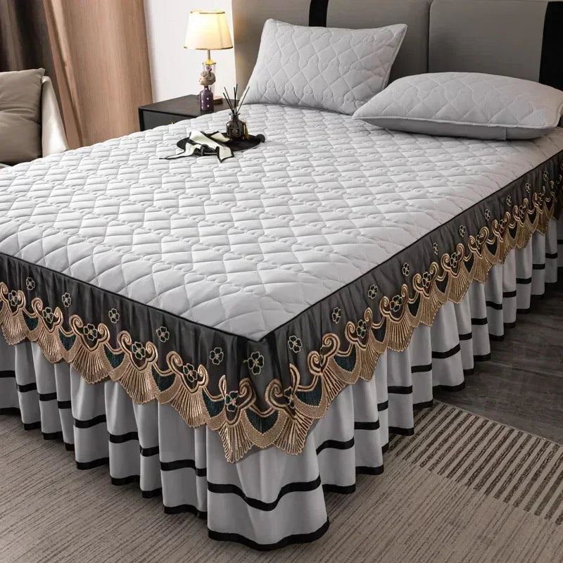 Elegant Embroidered Lace Quilted Bed Skirt Set