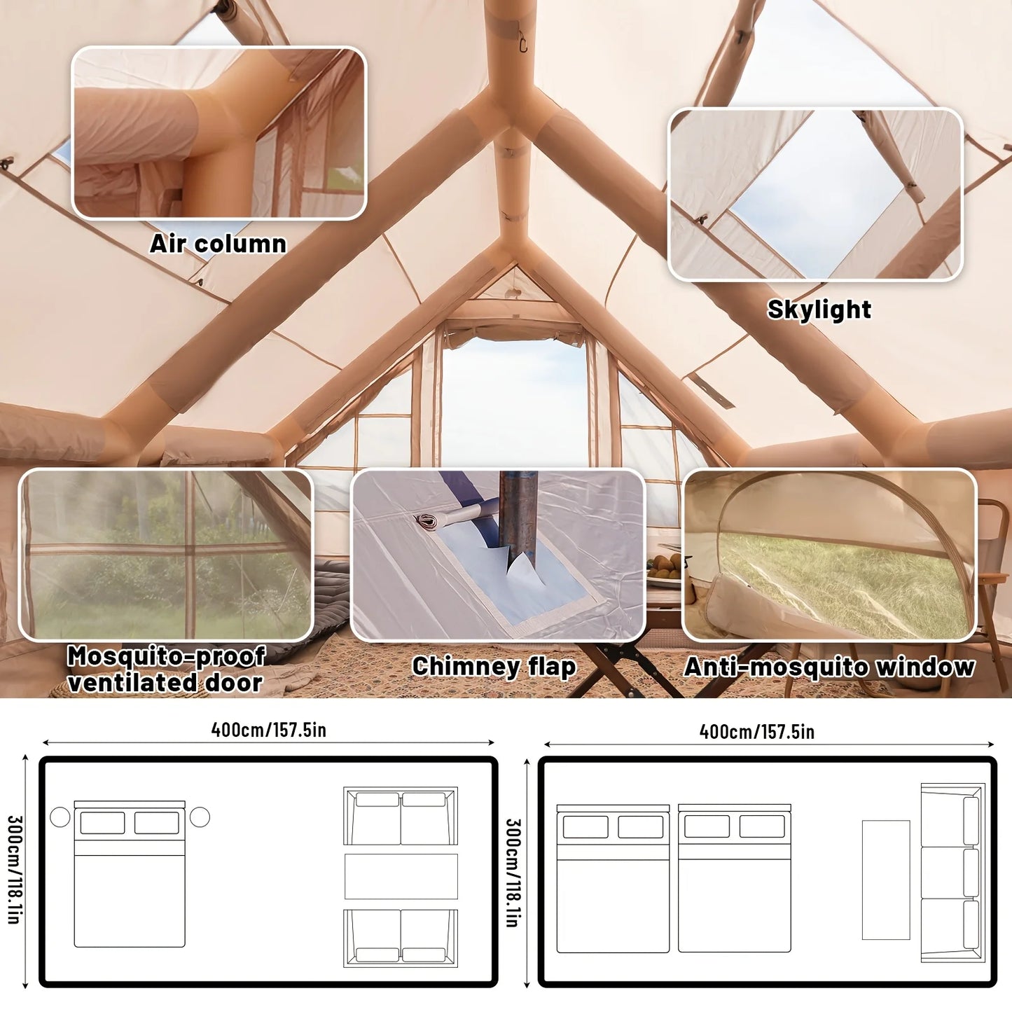 Large Inflatable Camping Tent with Skylight & Breathable Mesh Windows