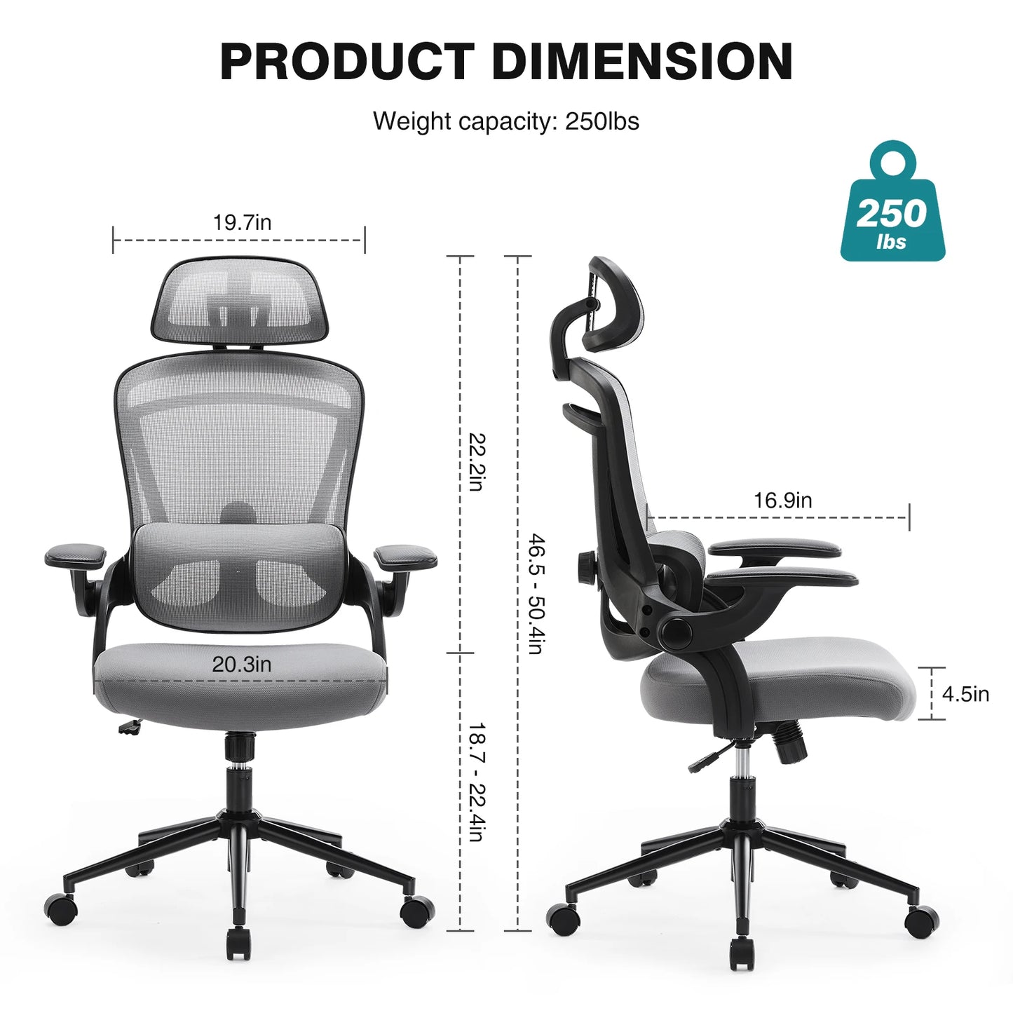 JHK Ergonomic Mesh Office Chair with Adjustable Lumbar Support, High Back, 120° Recline, Flip-Up Armrests & Headrest