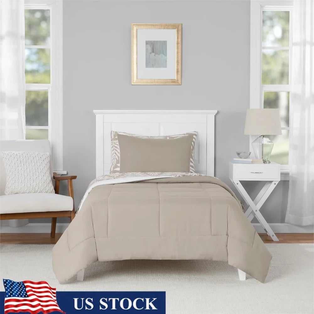5 Piece Reversible Comforter Set Twin XL Beige Palm Print