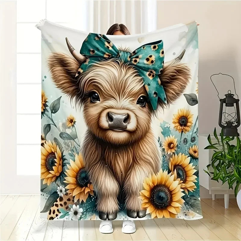 1pc Cozy Highland Cow Print Flannel Throw Blanket - Soft, Warm & Versatile for Couch, Bed, Office, And Travel - Perfect Gift for