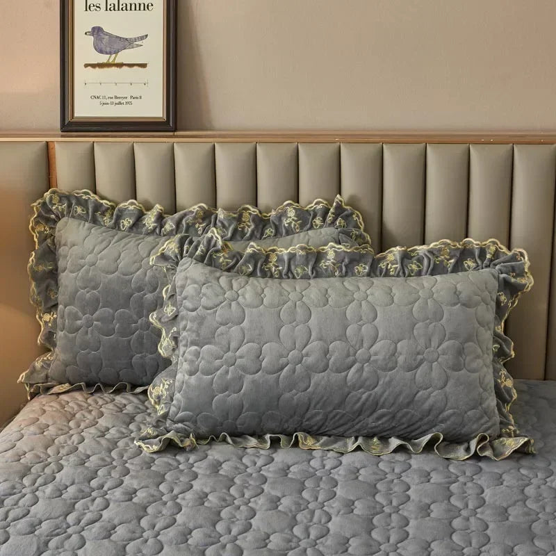 Luxury Velvet Ruffled Bedspread Set with Pillow Covers
