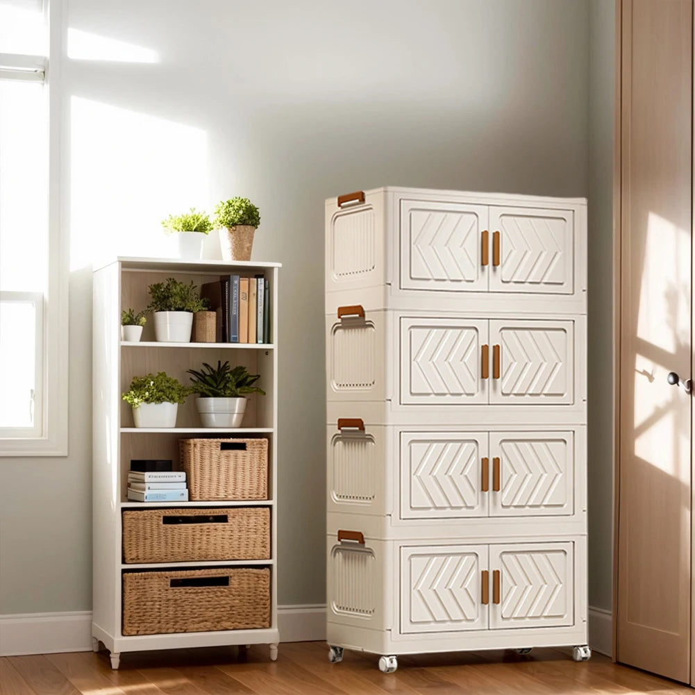 4 Tier Stackable Box Organizers Foldable Organization with Doors and Wheels Folding Storage Cabinet Shelf for Home Office Dorm
