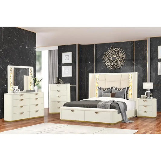5 Piece Queen Upholstered Bedroom Set with Wood Construction and Gold Accents in Beige