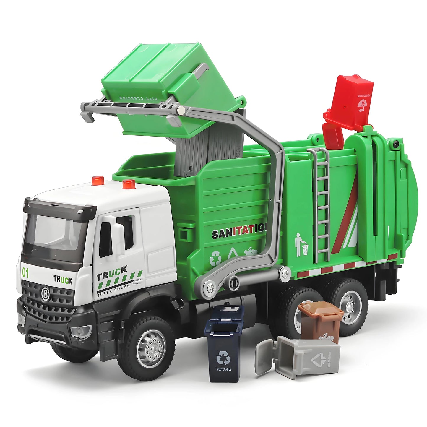 Alloy garbage truck toys, sanitation truck with lights and sounds, simulation recycling features, ideal gift for boys
