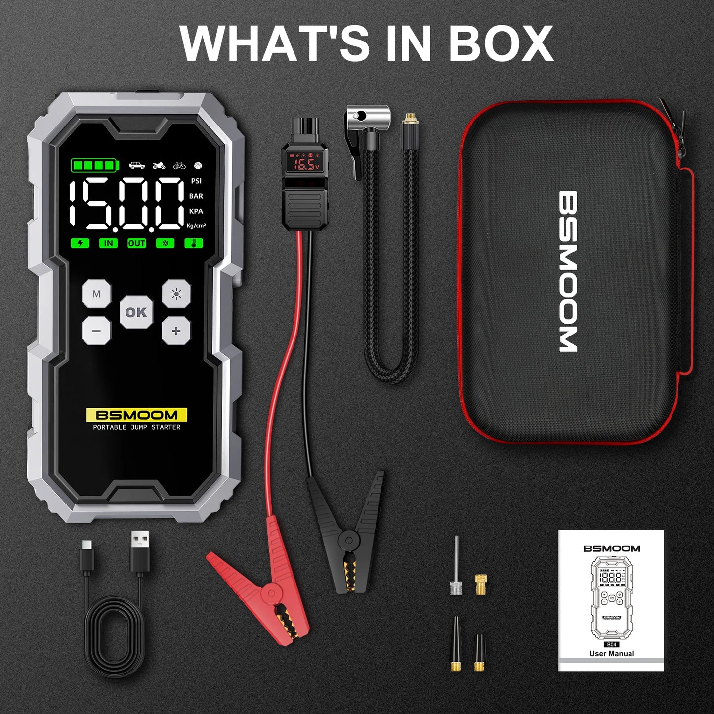 Portable Car Jump Starter with Air Compressor LCD Display 21800mAh Battery Pack