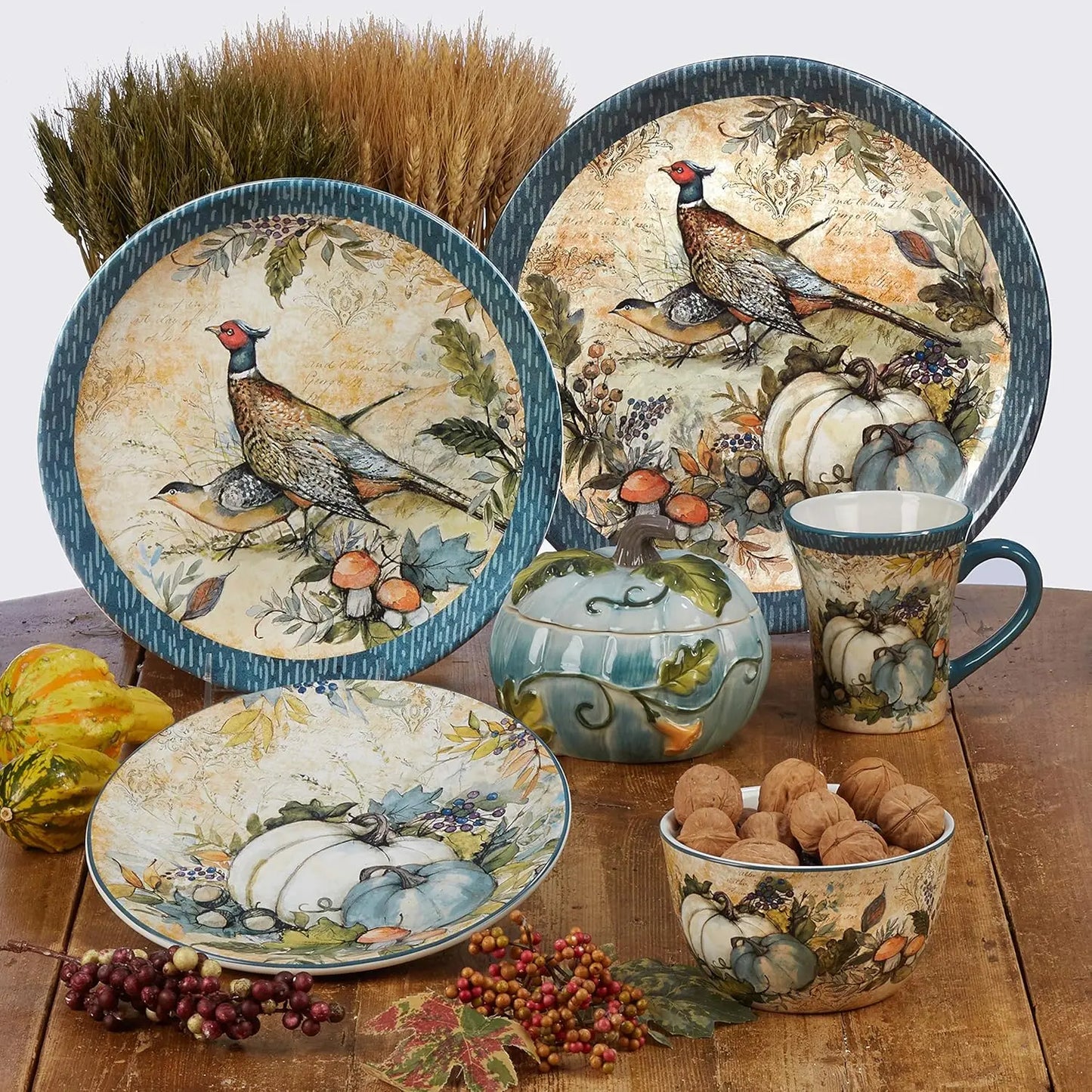 Harvest Gatherings 16-Piece Ceramic Dinnerware Set, Service for 4 - Multicolor Fall Plates, Bowls & Mugs with Pumpkin & Pheasant
