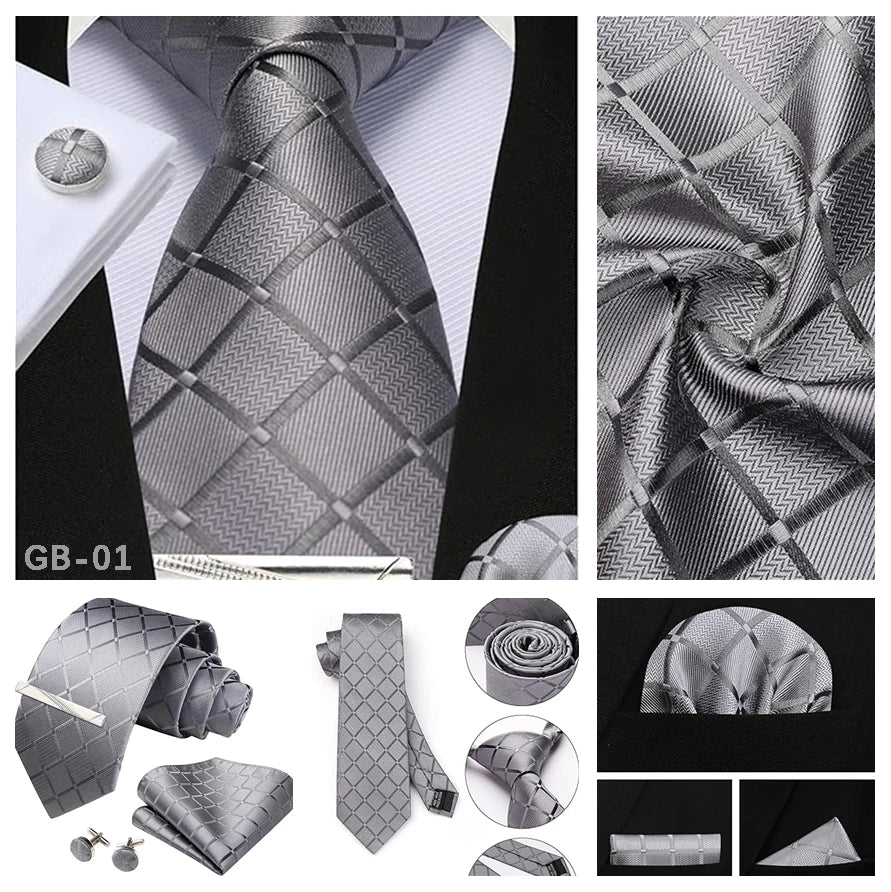 100% Silk Plaid & Checkered Men’s Tie Set with Pocket Square, Tie Clip & Cufflinks. Business & Wedding Necktie Gift Set  Optimized Description