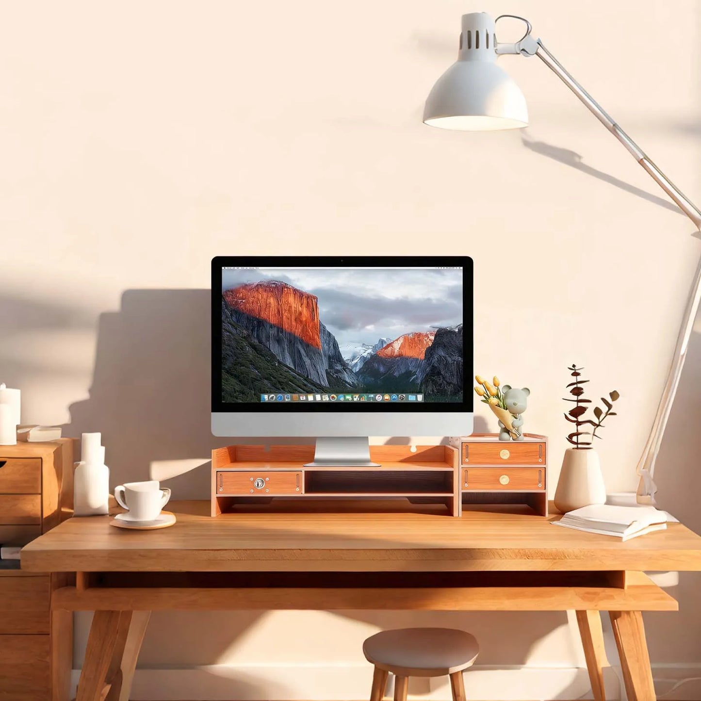 Computer Monitor Stand with Storage Drawers, Wooden Desktop Monitor Riser & Laptop Stand Organizer for Home Office