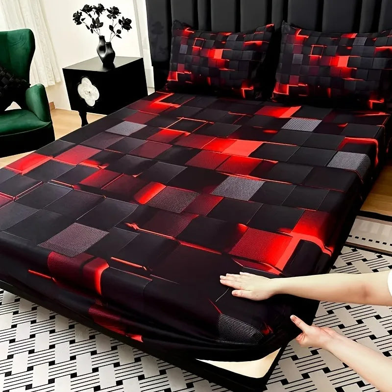 3 Piece Cooling Digital Print Fitted Sheet Set.  Soft Modern Plaid Bedding