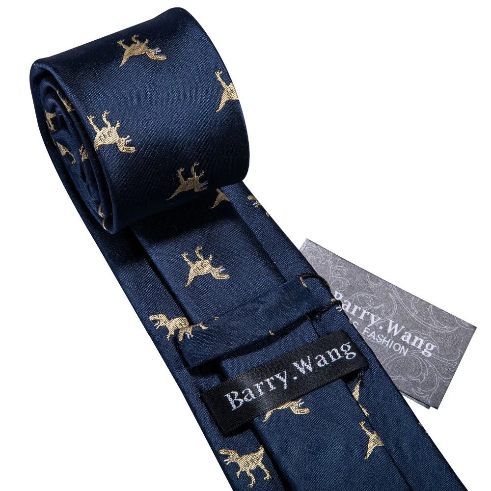 Men’s Luxury Dinosaur Necktie Set . Navy Blue Silk Tie, Pocket Square & Cufflinks for Business, Weddings & Special Events