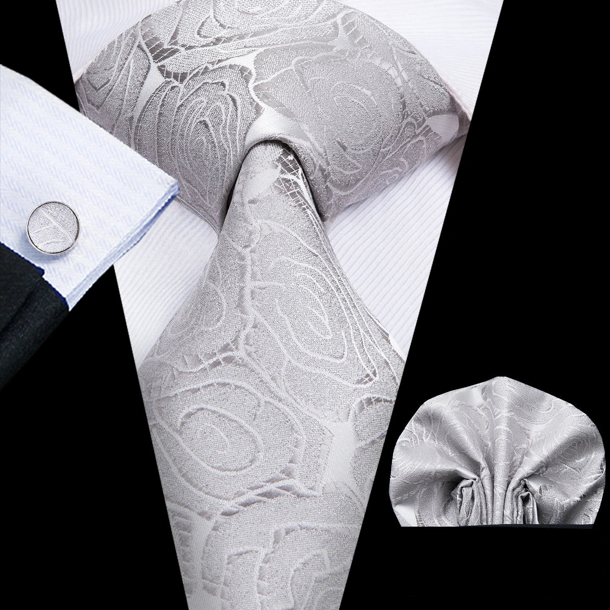 Hi-Tie Luxury Silver Men’s Necktie Set with Pocket Square & Cufflinks | Wedding, Business & Formal Events