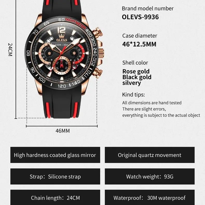 Men’s Luxury Quartz Chronograph Watch – Silicone Strap Sports Design
