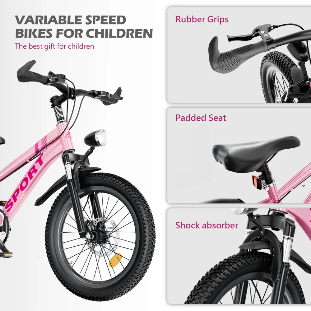 FKZNPJ 20-Inch Kids Mountain Bike . 7-Speed Bicycle with Front Suspension, Dual Disc Brakes & Adjustable Seat
