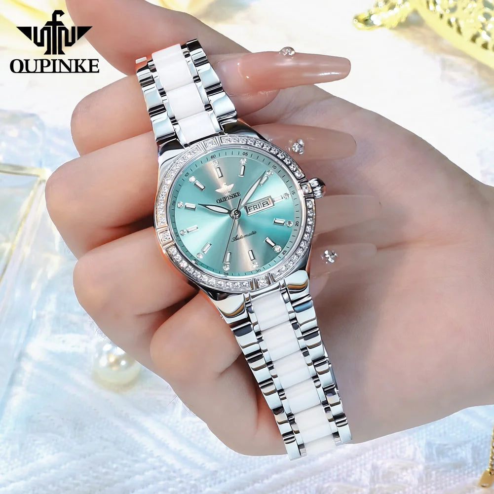 OUPINKE 3283 Luxury Woman Watch Japan Automatic Mechanical Wristwatches Elegant Ceramics Strap Waterproof Ladies Dress Watches