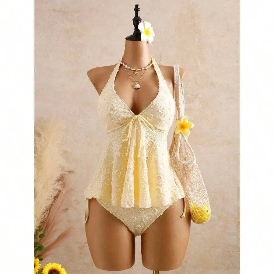 Women’s Halter Neck Swim Dress | Lace Texture One-Piece Swimsuit with Tummy Control